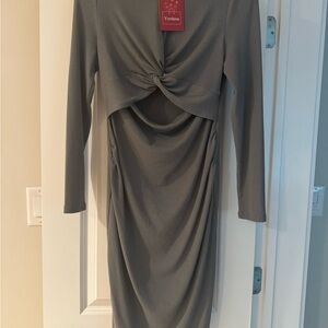 Gray Ruched Long Sleeve Plunge Bodycon Dress